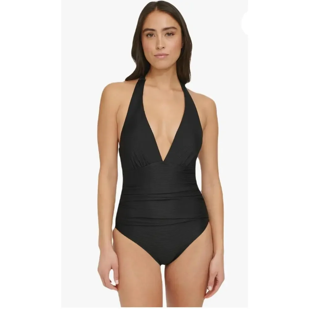TOMMY HILFIGER NWT Black Plunge Halter Swim Suit // 8